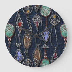 Art Nouveau Floral: Denim Elegance. Large Clock