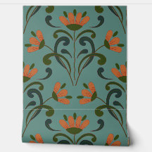 Art Nouveau Floral Design on Teal Green Wallpaper