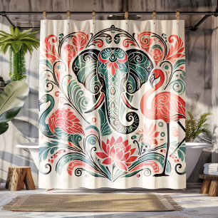 Art Nouveau Floral Elephant Pink Flamingos Shower Curtain