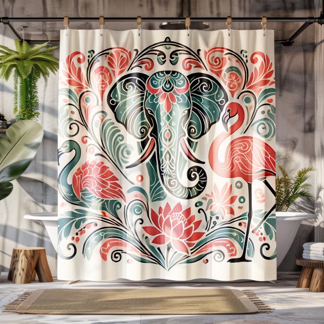 Art Nouveau Floral Elephant Pink Flamingos Shower Curtain (Creator Uploaded)