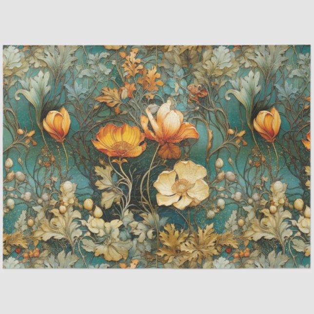 Art Nouveau Floral Fall Teal Ephemera Decoupage Tissue Paper (Front)