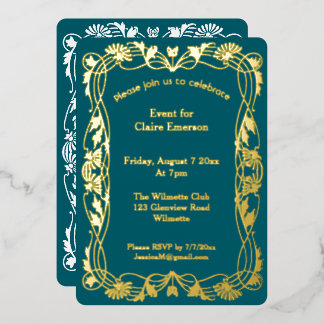 Art nouveau floral frame foil invitation