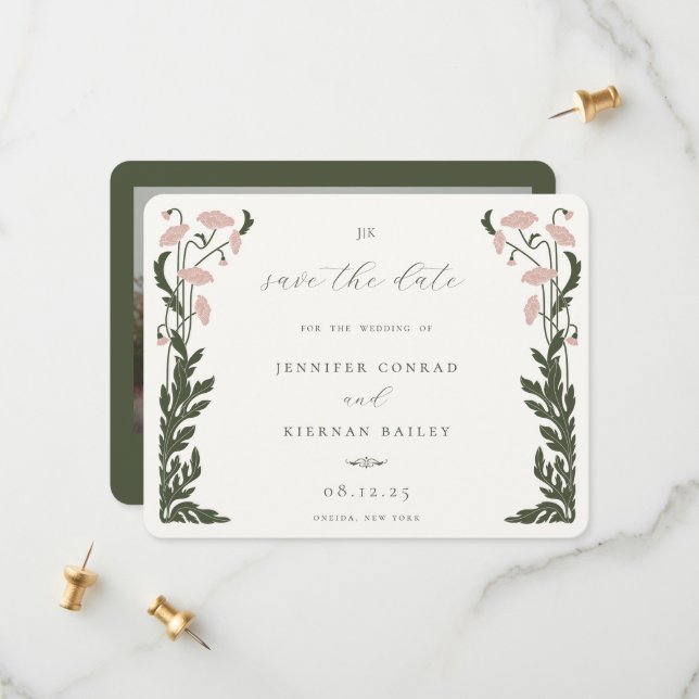 Art Nouveau Floral Frame Photo Save The Date (Front/Back In Situ)