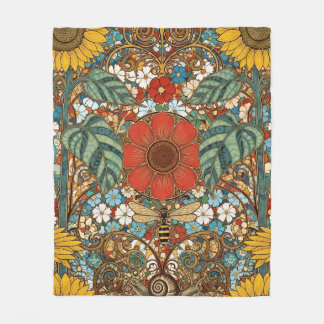 Art Nouveau Floral Garden – Sunflowers, Bee Fleece Blanket