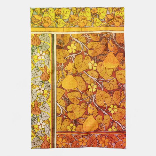 Art nouveau floral gourd elegant fall orange green tea towel (Vertical)