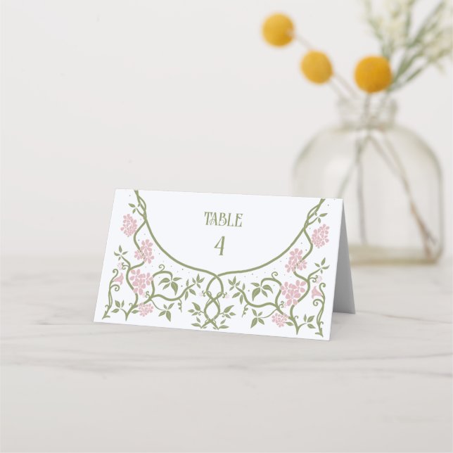 Art Nouveau Floral Green and Pink Wedding  Place Card (Front)