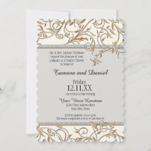 Art Nouveau Floral Leaf Swirl Jewel w Gold Look Invitation