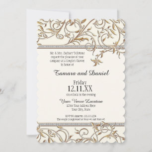 Art Nouveau Floral Leaf Swirl Jewel w Gold Look Invitation