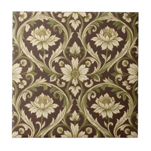 Art Nouveau Floral Pattern Cream Green Scroll Ceramic Tile