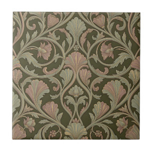 Art Nouveau Floral Pattern Dark Green Pink Vintage Ceramic Tile