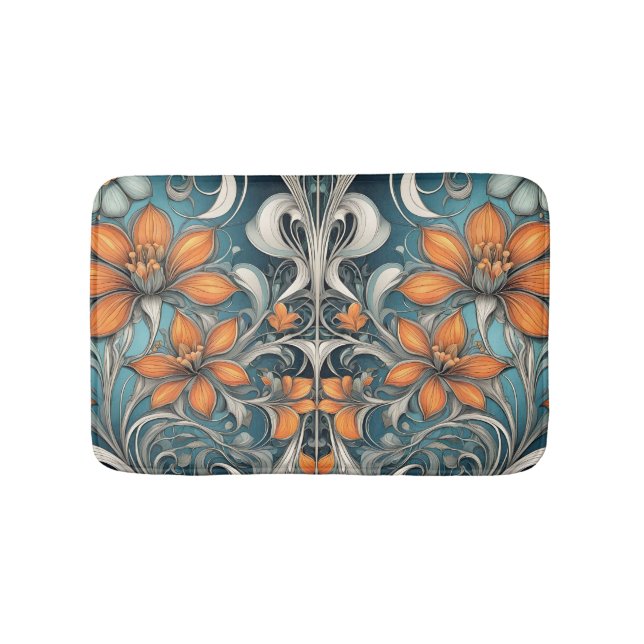 Art Nouveau floral pattern teal orange Bath Mat (Front)