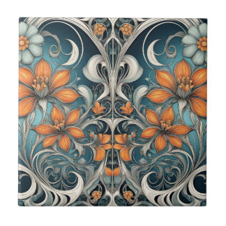 Art Nouveau floral pattern teal orange Ceramic Tile