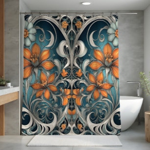 Art Nouveau floral pattern teal orange Shower Curtain