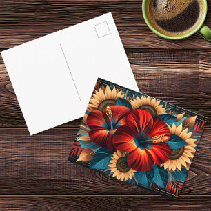 Art Nouveau Floral Postcard – Hibiscus & Sunflower