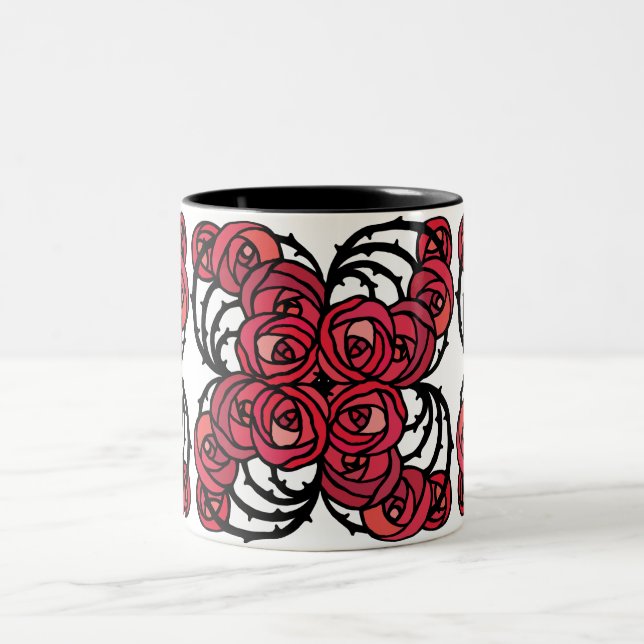 Art Nouveau Floral red and black rose vines design Two-Tone Coffee Mug (Center)