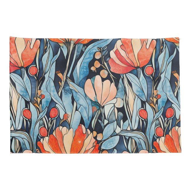 Art Nouveau Floral Red Blue Watercolor Pillowcase (Back-Right)