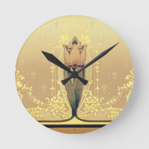 Art nouveau floral tulip pink and gold elegant round clock