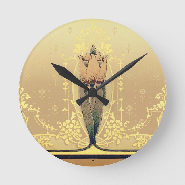 Art nouveau floral tulip pink and gold elegant round clock (Front)