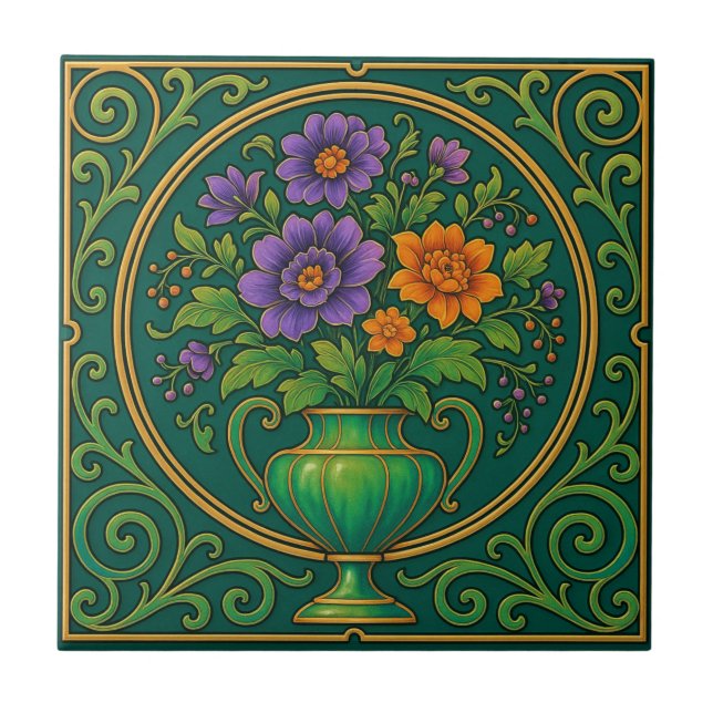 Art Nouveau Floral Vase Ceramic Tile (Front)