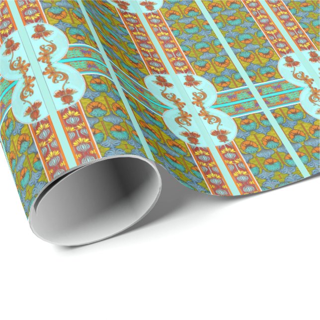 Art nouveau floral Verneuil textile art turquoise Wrapping Paper (Roll Corner)