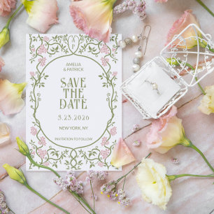Art Nouveau Floral Wedding Green and Pink Save The Date