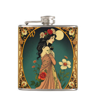 Art Nouveau Floral Woman Illustration Hip Flask