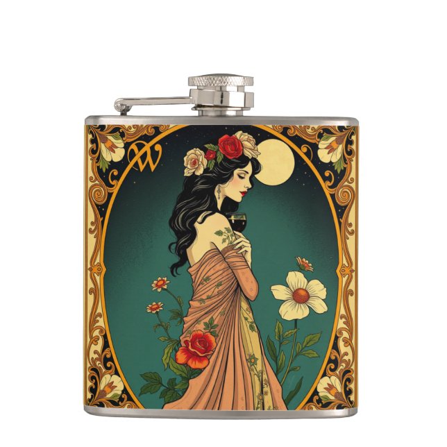 Art Nouveau Floral Woman Illustration Hip Flask (Front)