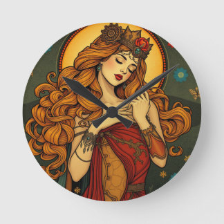 Art Nouveau Floral Woman Illustration  Round Clock