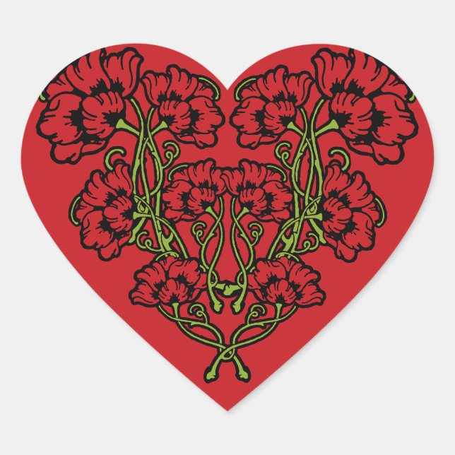 Art Nouveau Flower Heart Red Heart Sticker (Front)