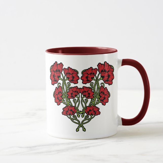 Art Nouveau Flower Heart Red Two-Tone Coffee Mug (Right)