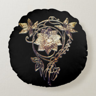 Art nouveau flower jewel Victorian gold and black Round Cushion
