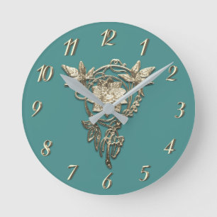 Art nouveau flower jewel Victorian gold and teal Round Clock