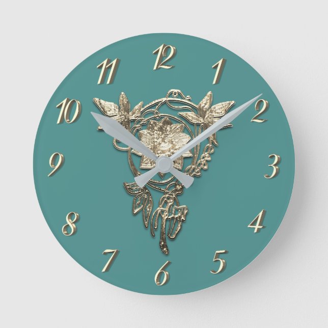 Art nouveau flower jewel Victorian gold and teal Round Clock (Front)