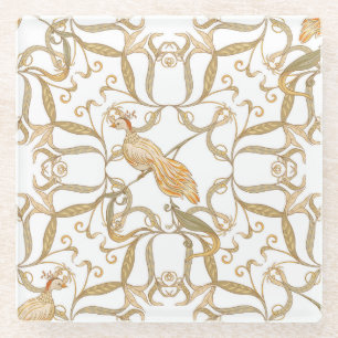 Art Nouveau Flowers Birds Glass Coaster