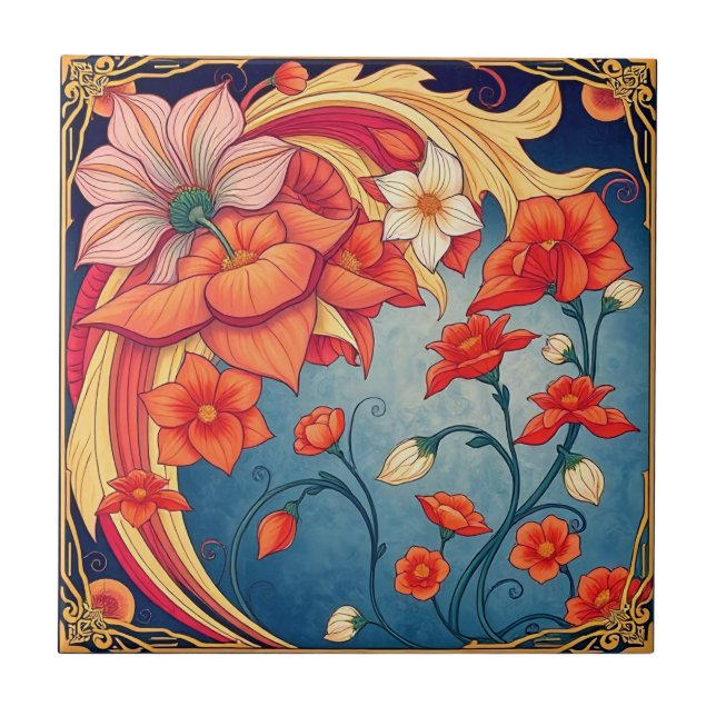 Art nouveau flowers ceramic tile (Front)