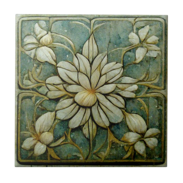 Art Nouveau Flowers on Muted French Pastel Blue Ceramic Tile (Front)