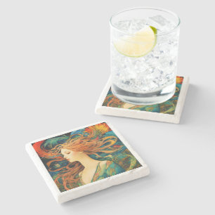 Art Nouveau "Flowing Redhead" Marble Coaster