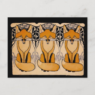 Art Nouveau Foxes Illustration Woodland Wildlife Postcard