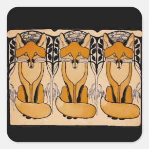 Art Nouveau Foxes Illustration   Woodland Wildlife Square Sticker