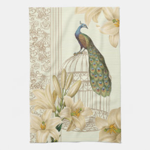 art nouveau  french lily vintage birdcage peacock tea towel