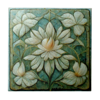 Art Nouveau French White Floral, Blue Vintage Art  Ceramic Tile