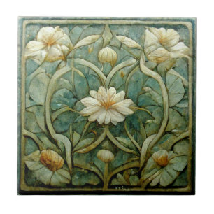 Art Nouveau, French White Floral, Decorative Blue Ceramic Tile