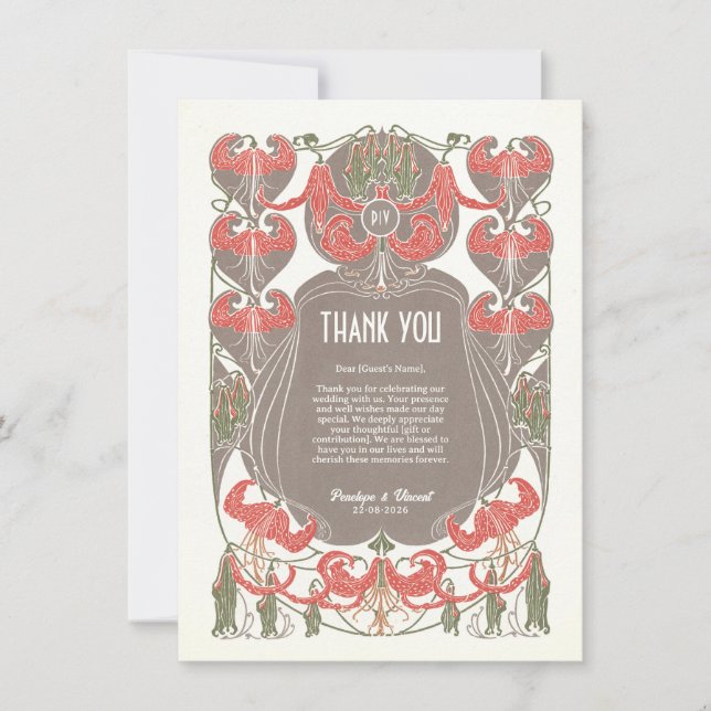 Art Nouveau Fuchsia Elegance Thank You Card (Front)