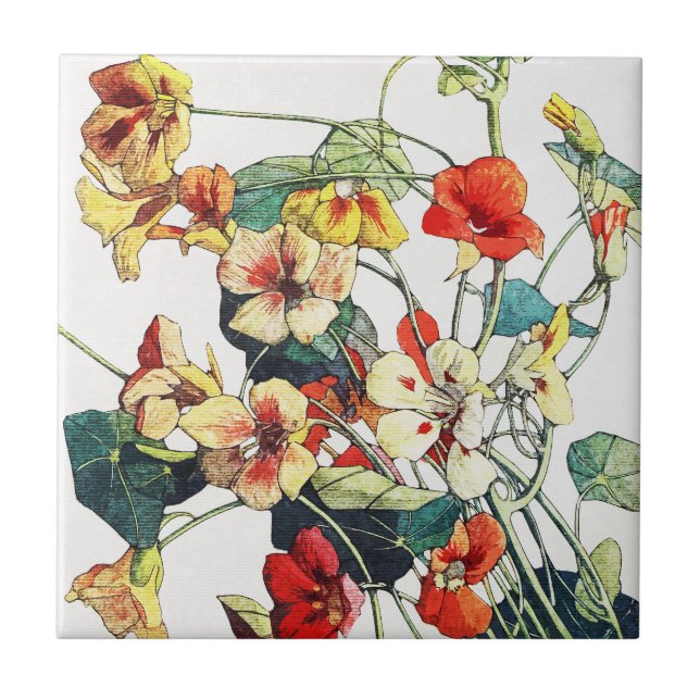 Art Nouveau Garden Nasturtium Flowers Ceramic Tile (Front)