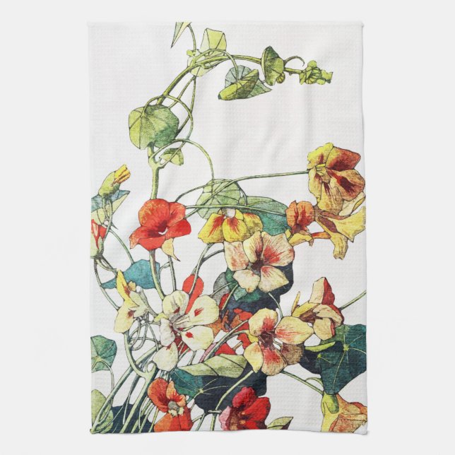 Art Nouveau Garden Nasturtium Flowers Tea Towel (Vertical)