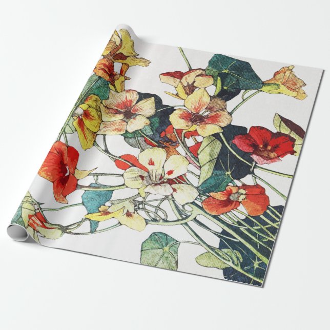 Art Nouveau Garden Nasturtium Flowers Wrapping Paper (Unrolled)