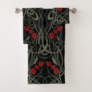 Art Nouveau Geometric Poppies and Sinuous Stems Bath Towel Set