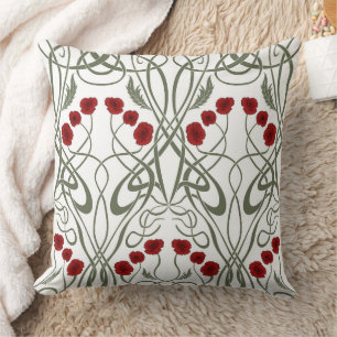 Art Nouveau Geometric Poppies and Sinuous Stems Cushion