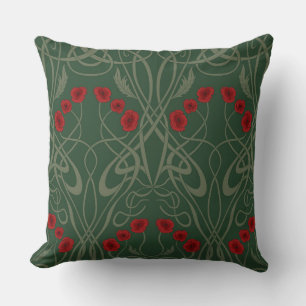 Art Nouveau Geometric Poppies and Sinuous Stems Cushion