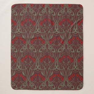 Art Nouveau Geometric Poppies and Sinuous Stems Sherpa Blanket